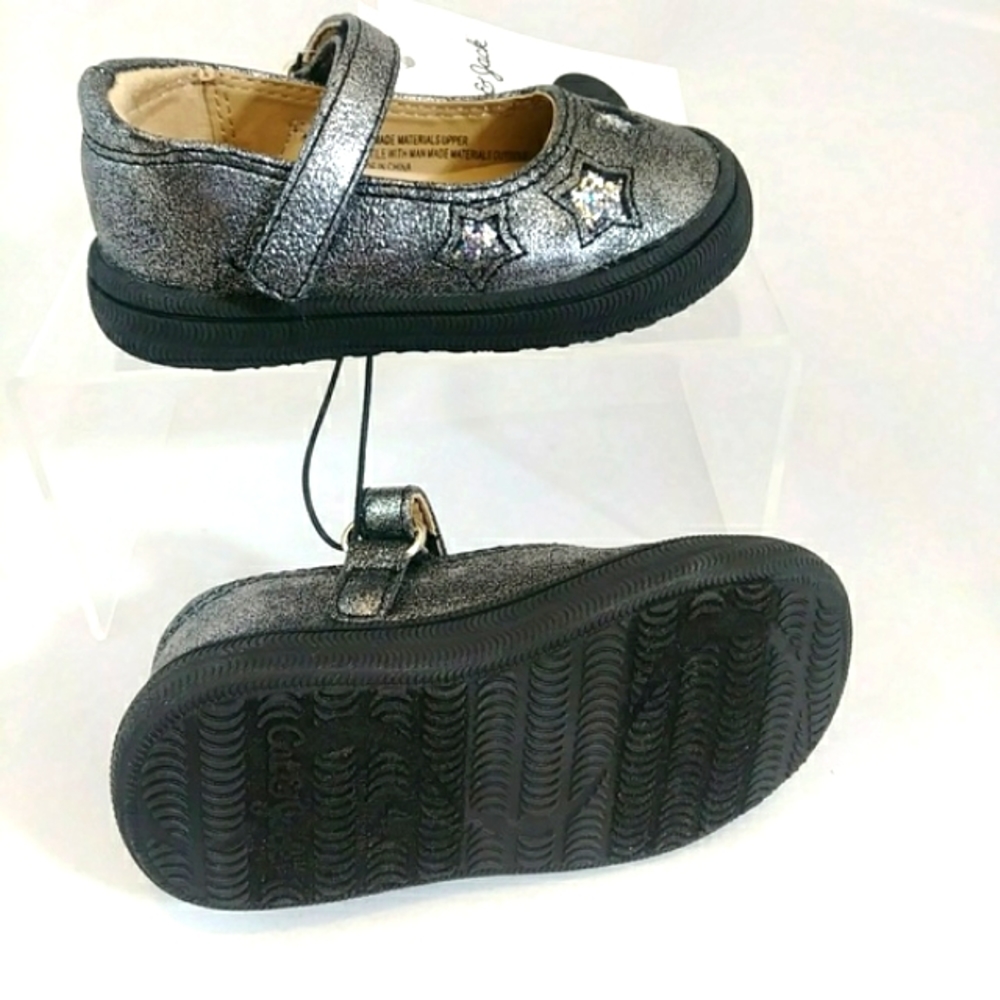 Cat & Jack Mary Jane Dress Shoes Sparkle Star Pewter Removable Inserts, Baby 4